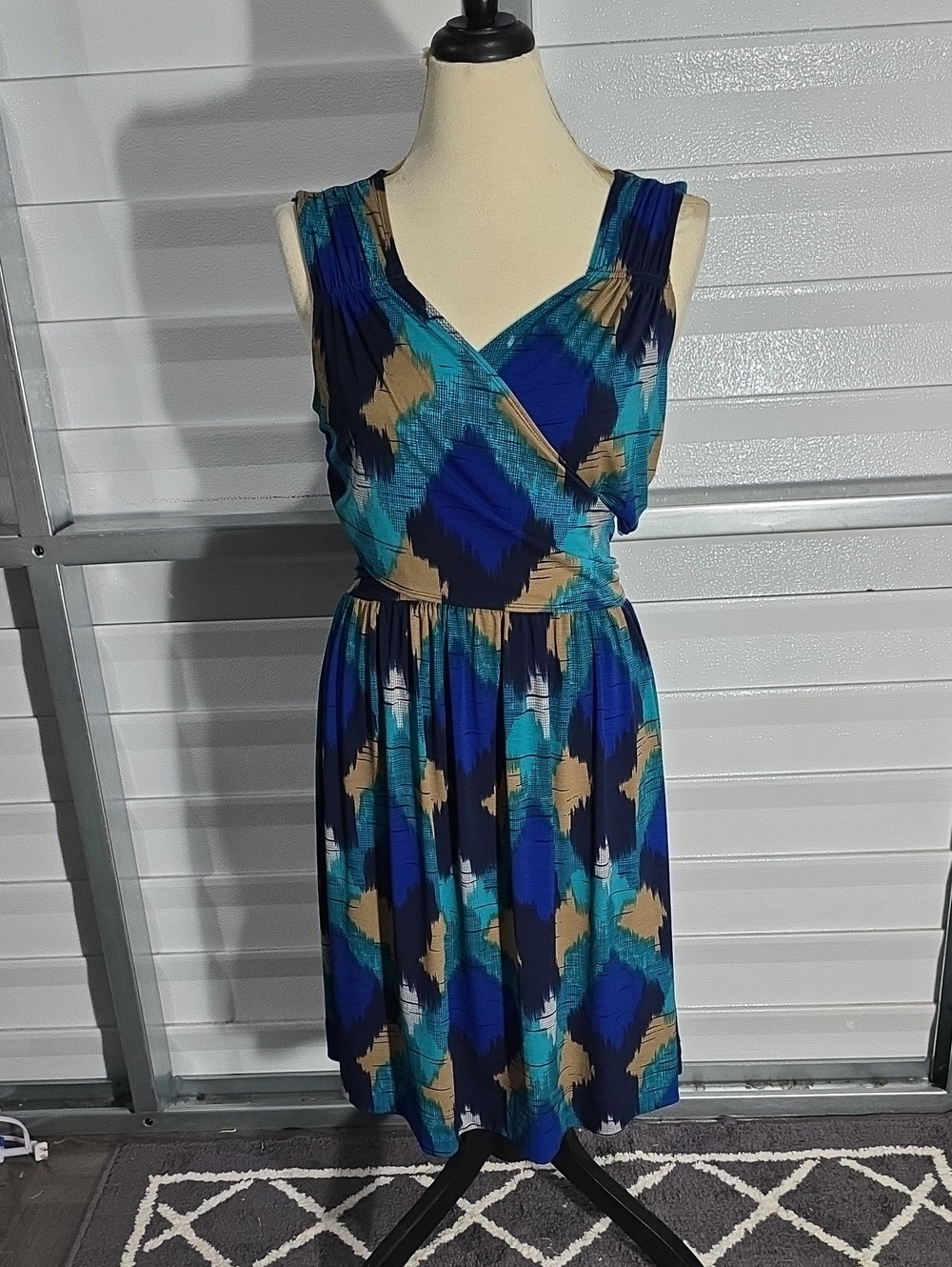 Apostrophe Teal, Blue & Tan‎ Sleeveless Wrap Midi Dress Size XL